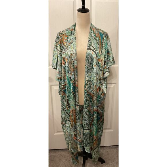 ACOA Green Bohemian Paisley Printed Longline Open Satin Kimono, S/M - Picture 1 of 7
